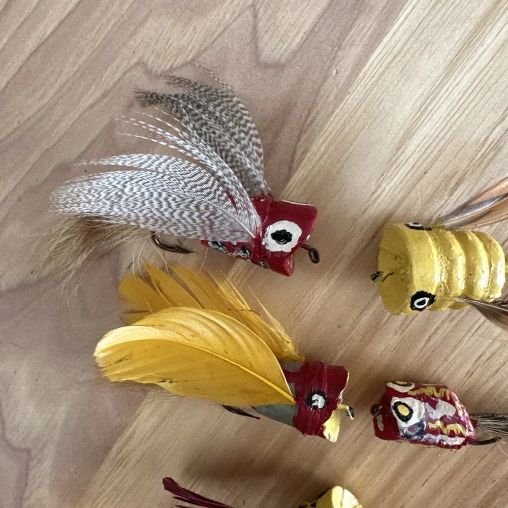Vtg Handmade Fly Fishing Cork Popper Lures Lot of 5 Feathers Horsehair (1)